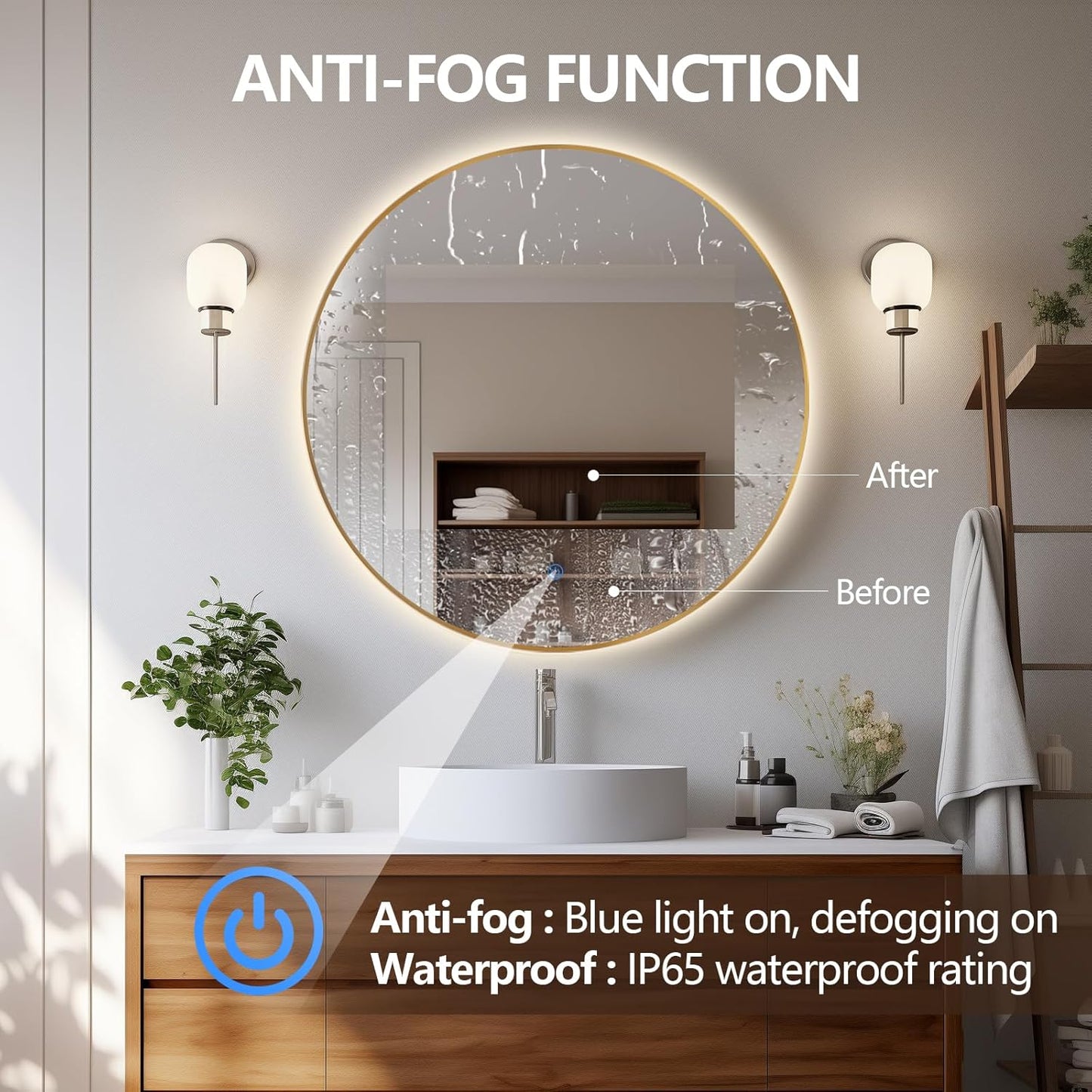 Niccy 48" LED Backlit Round Mirror for Bathroom, Gold Framed Vanity Light Wall Mirror LED Smart Circle Mirrors with 3 Lighting Colors, Dimmable Lighted Mirror with Anti-Fog, IP65 Waterproof