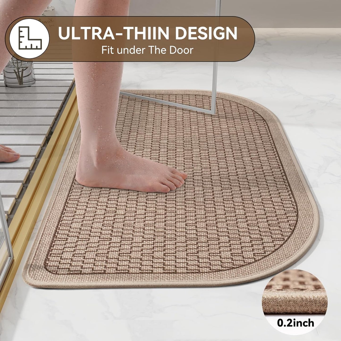 Bathroom Rugs Mat 16x24, Ultra Thin Quick Dry Absorbent Non Slip Bath Mat, Bath Mats for Bathroom Mat Carpet Fit Under Door, Woven Washable Floor Rubber Half Round Bath Rugs, Brown