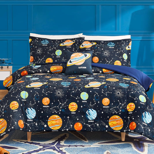 Full Size Comforter Set for Boys-4 Pieces Space Glow in The Dark Full Bedding Sets for Kids, 1 Comforter, 2 Shams and 1 Decor Pillow