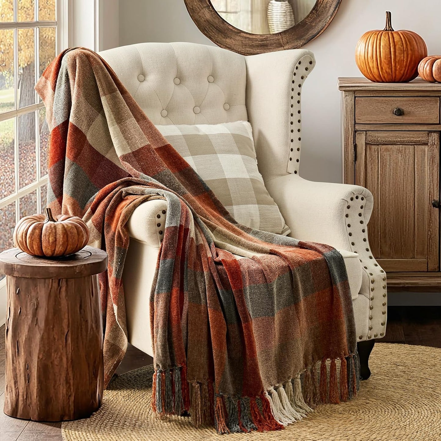 EVERGRACE Plaid Chenille Throw Blanket for Couch, Super Soft Cozy Decorative Fall Throw Blanket with Tassels for Bed Sofa Gift, Lightweight Harvest Plaid Throw Blanket for Autumn 50”x60”
