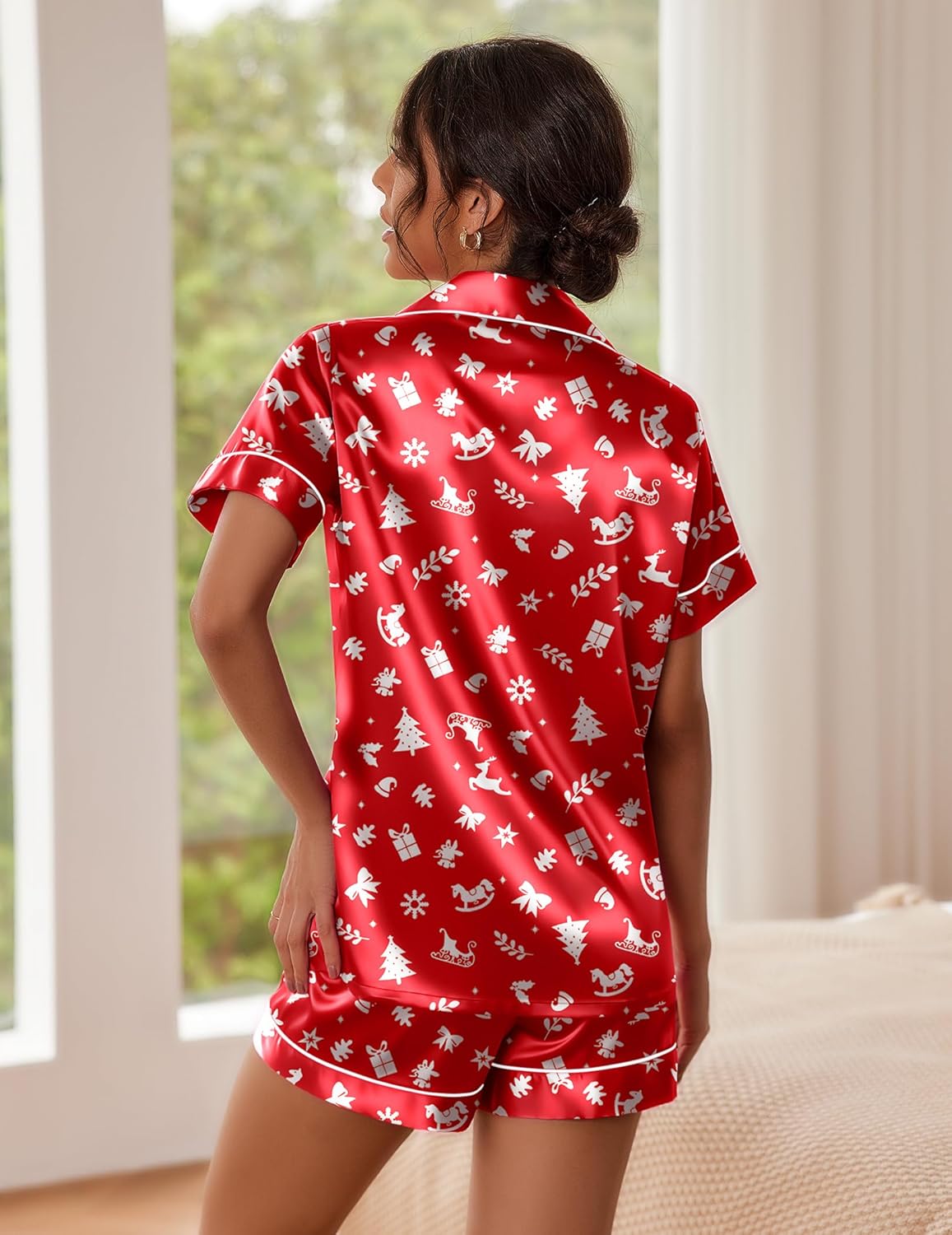 Ekouaer Pajamas for Women Set Silk Satin Pjs Shorts Sleepwear 2 Piece Loungewear S-XXL