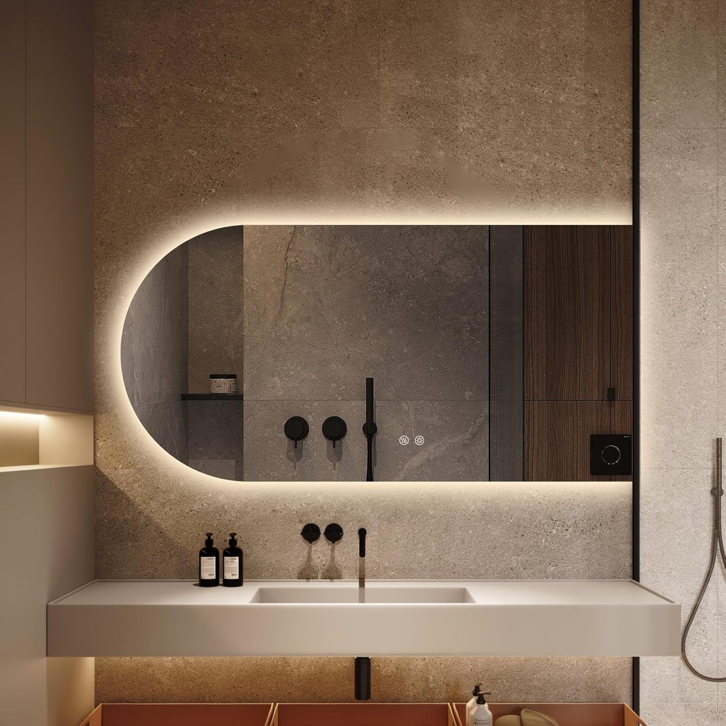 Arched LED Bathroom Mirror, 48"x24" Arch Framless Backlit Mirror with Lights Anti-Fog Dimmable Smart Frameless 3-Color Lighted Vanity Mirror Memory Waterproof, UL Listed, Horizontal-Right