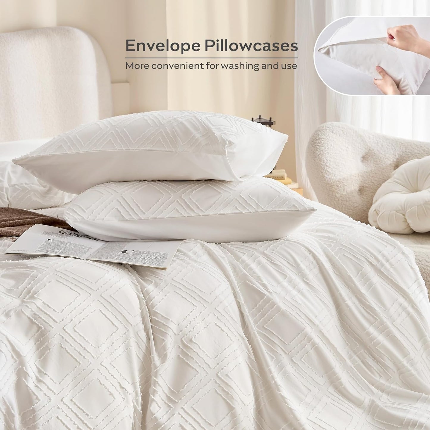 JELLYMONI Duvet Cover Full Size White - 3PCS Boho Duvet Cover Set Plaid Polyester Tufted Bohemian Jacquard Knit Textured Comforter Cover 80×90in Rhombic Geometric Pattern Corner Ties & Zipper