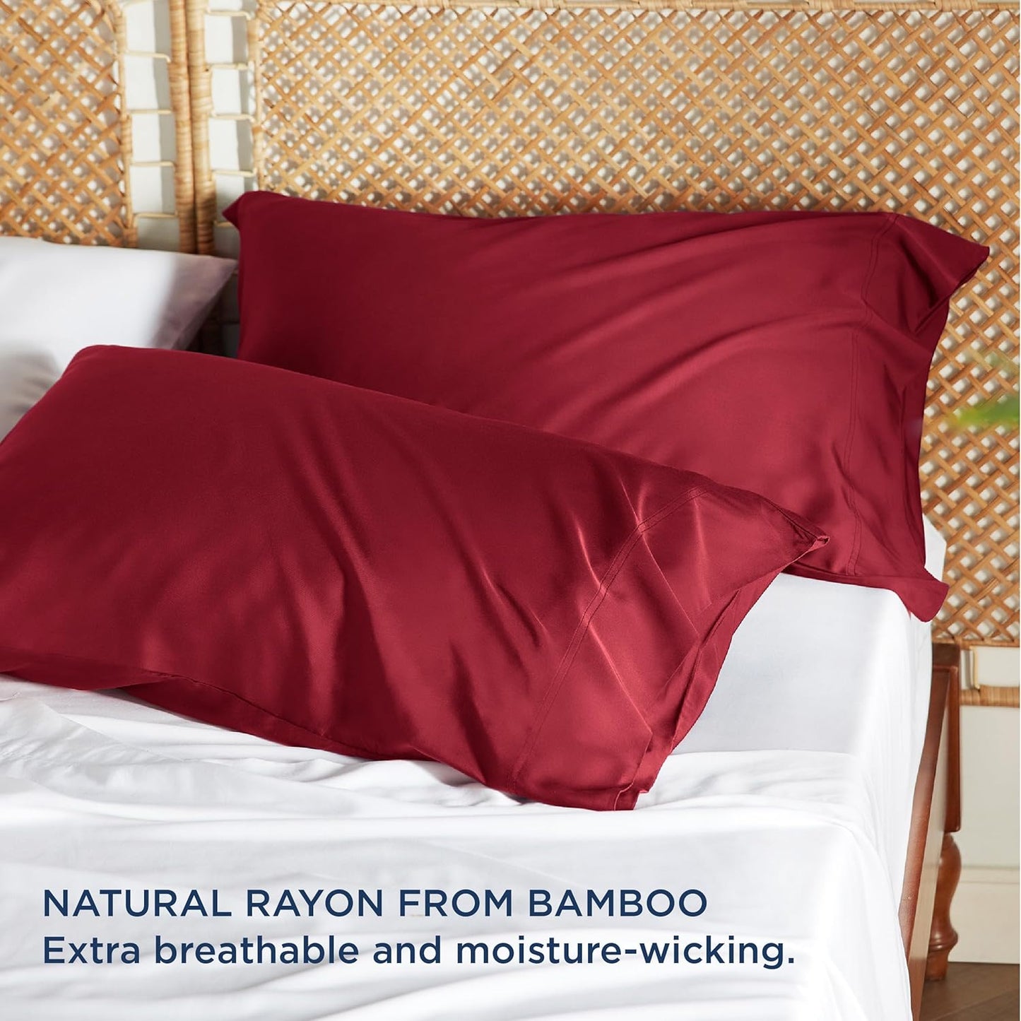 Bedsure Pillow Cases Queen, Cooling Pillow Cases, Rayon Derived from Bamboo Red Pillowcases Queen Size Set of 2, Silky Soft & Breathable Bedding Pillow Covers with Envelope Closure, 20x30 Inches