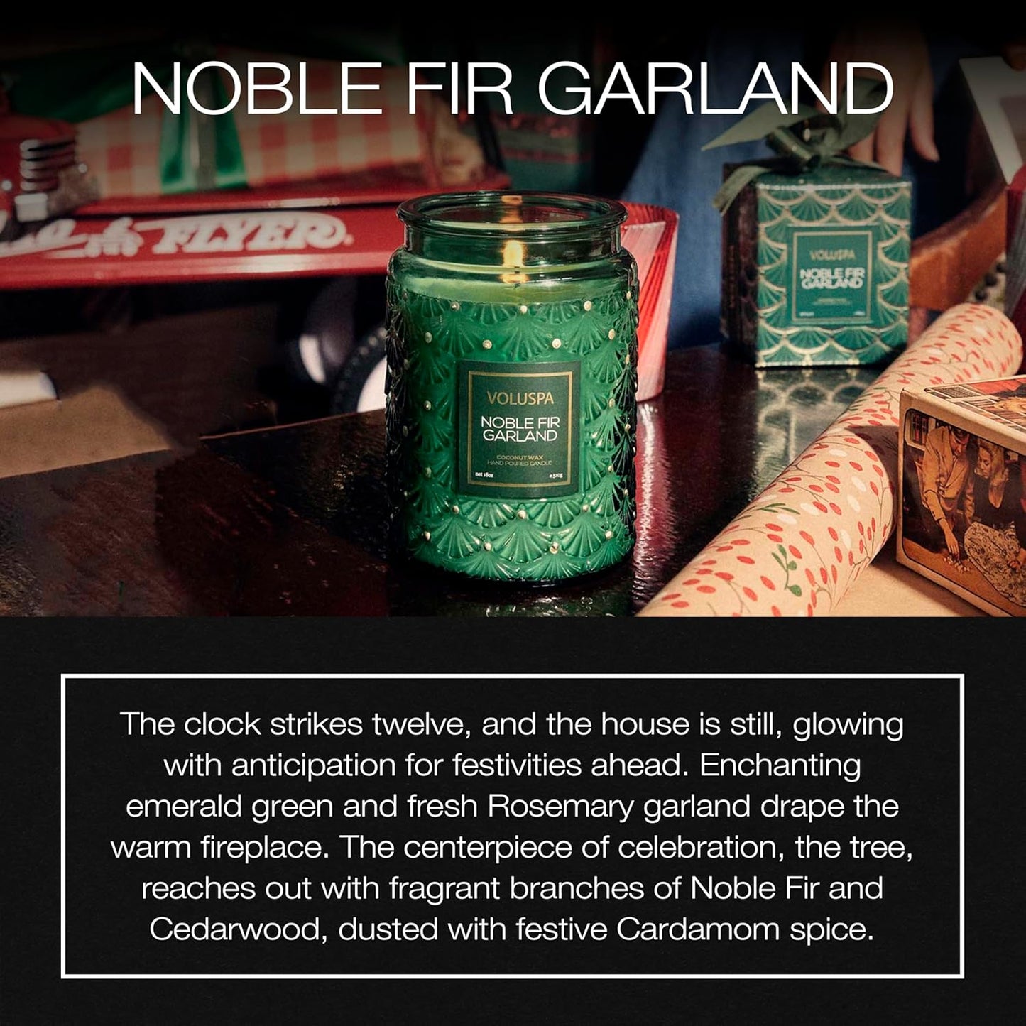 Voluspa Noble Fir Garland, Large Candle Jar, 18oz, Coconut Wax Blend, Christmas Scented Candles for Home, 100 Hour Burn Time, Poured in the USA