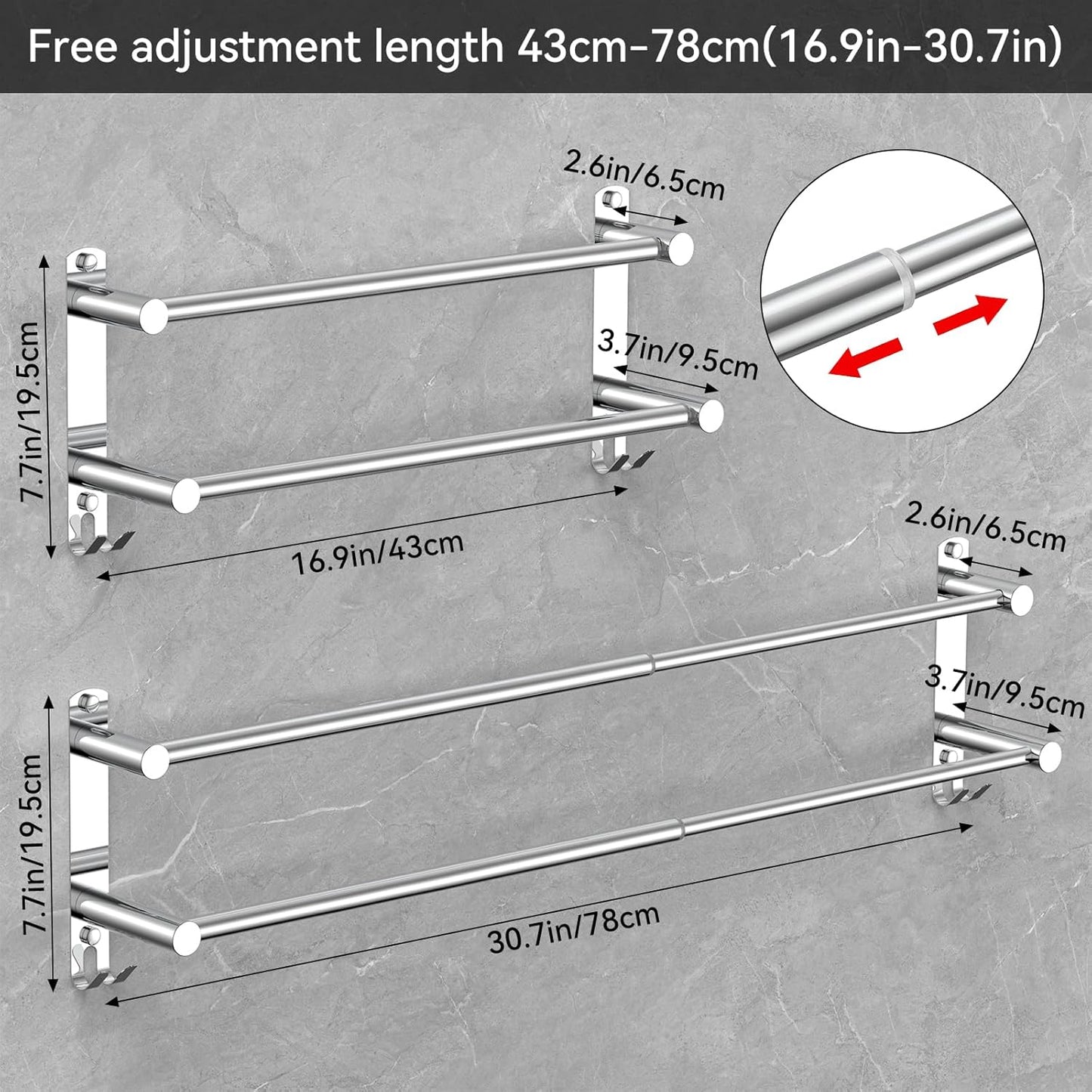 Adjustable Towel Bar for Bathroom Wall Mount17-30.7inch Adhesive Shower Towel Rack Stainless Steel Bath Towel Holders for Toilet Kitchen Double Towel Hanger (2 Layer)