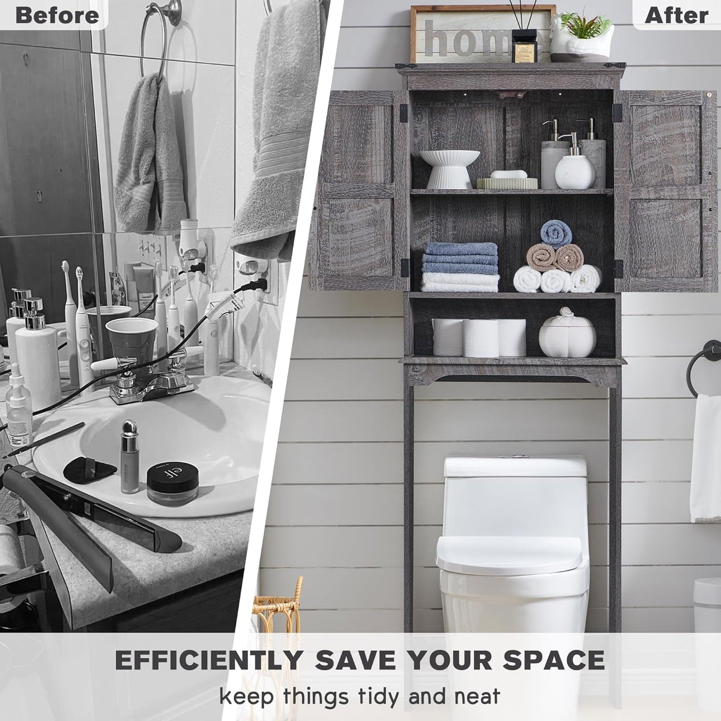 ACCOHOHO Over The Toilet Storage Cabinet, Farmhouse Bathroom Cabinet with Adjustable Shelf & Barn Door, 67" Tall Over The Toilet Shelf, Grey Wash