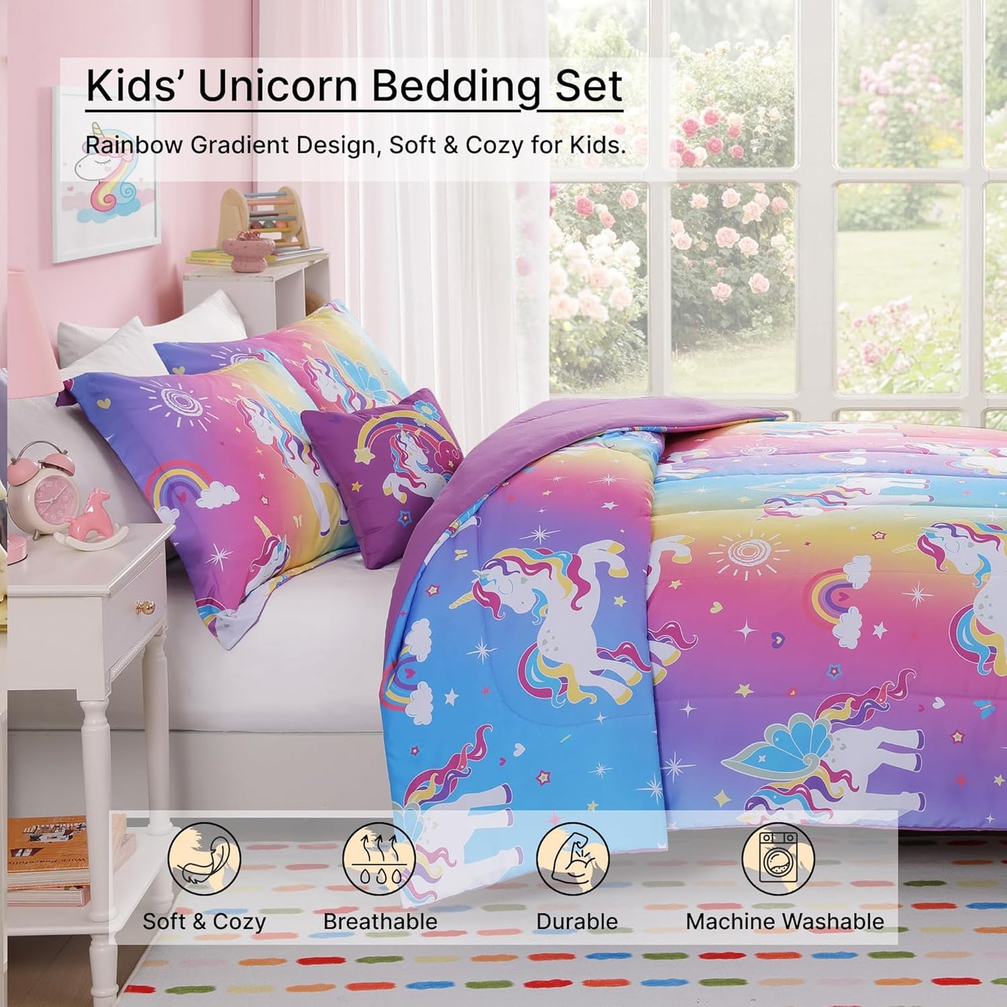 Full Size Comforter Set for Girls-4 Pieces Rainbow Unicorn Patterns Full Bedding Set with 1 Comforter, 1 Decor Pillow &2 Pillow Shams