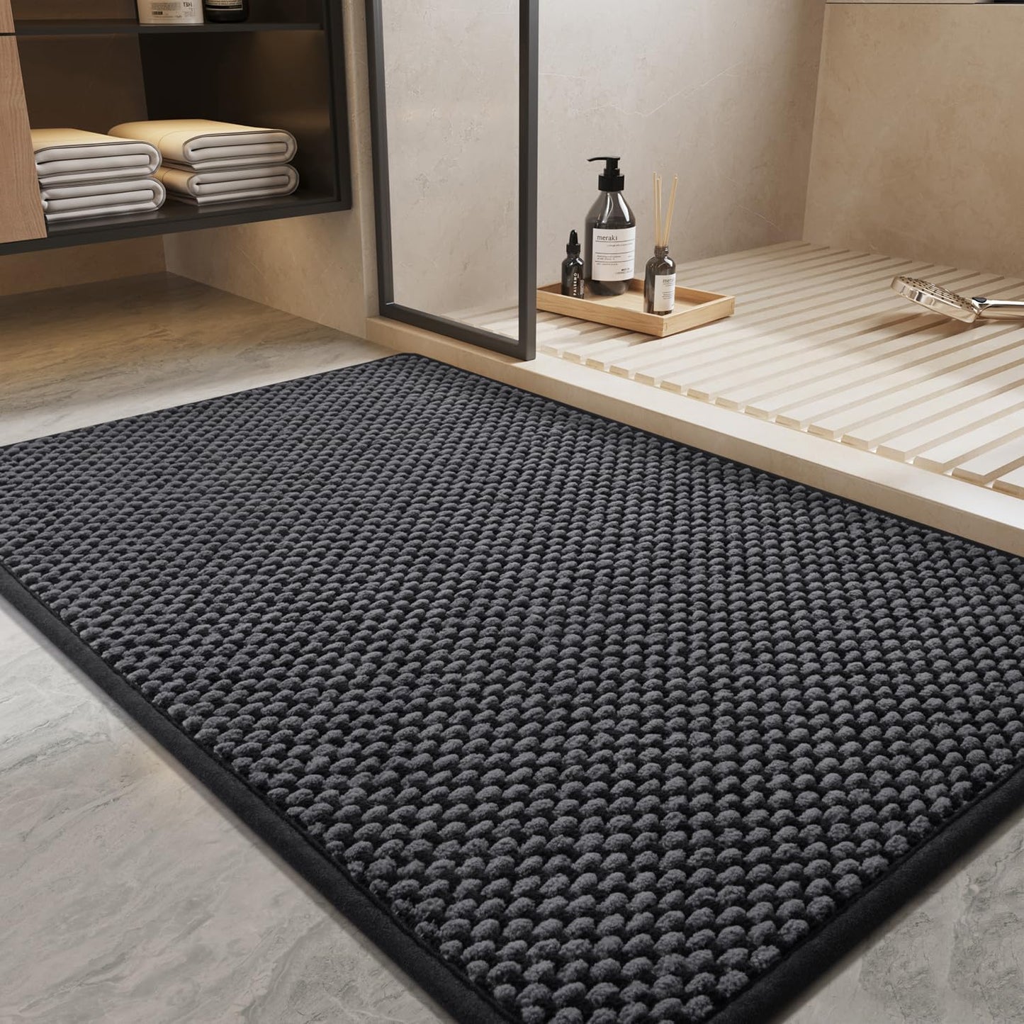PADOOR-Bath Mat-Super Absorbent Chenille Bathroom Mats-Rubber Backed Bath Mats for Bathroom Non Slip, Easy Clean Bathroom Rugs Front of Bathtub,Shower Room,Sink-17×35, Darkgrey&Black