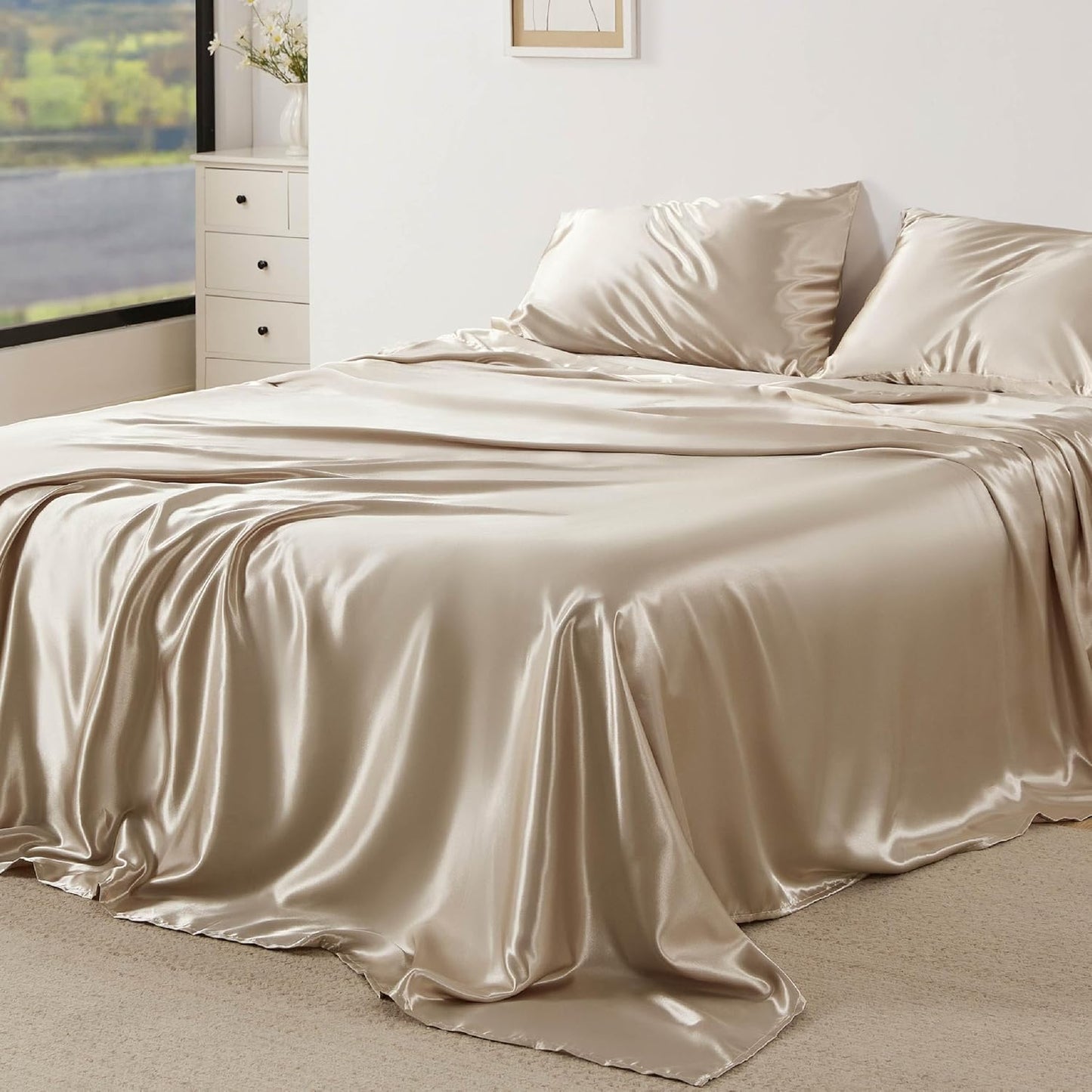 Bedsure Satin Sheets King Size - 4 Piece Silky Bedsheets with 15 Inches Deep Pocket Fitted Bedsheet,1 Flat Sheet, 2 Satin Pillowcases, Good for Hair & Skin (King, Khaki)