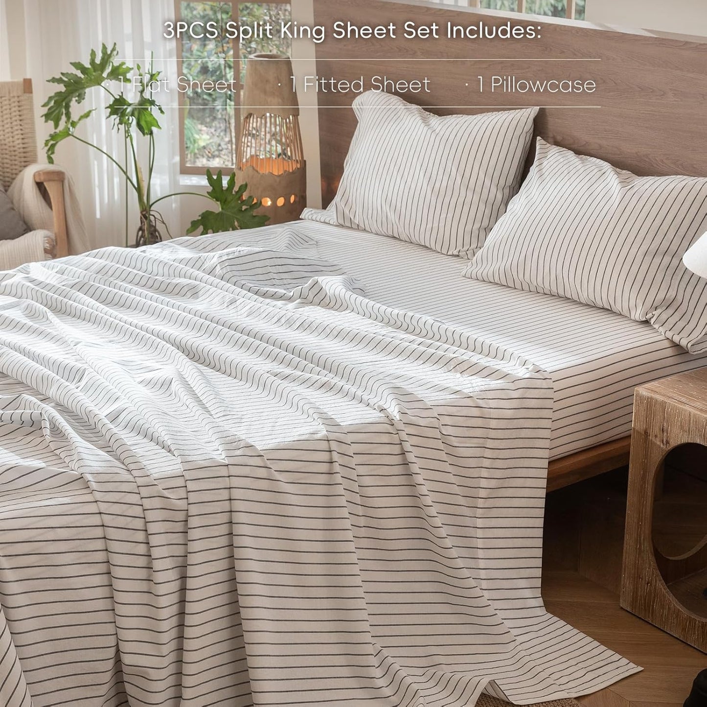 MooMee Striped Sheet Set 100% Washed Cotton Linen Like Textured Breathable Durable Soft Comfy (White Dark Grey Wide Stripes, Twin)