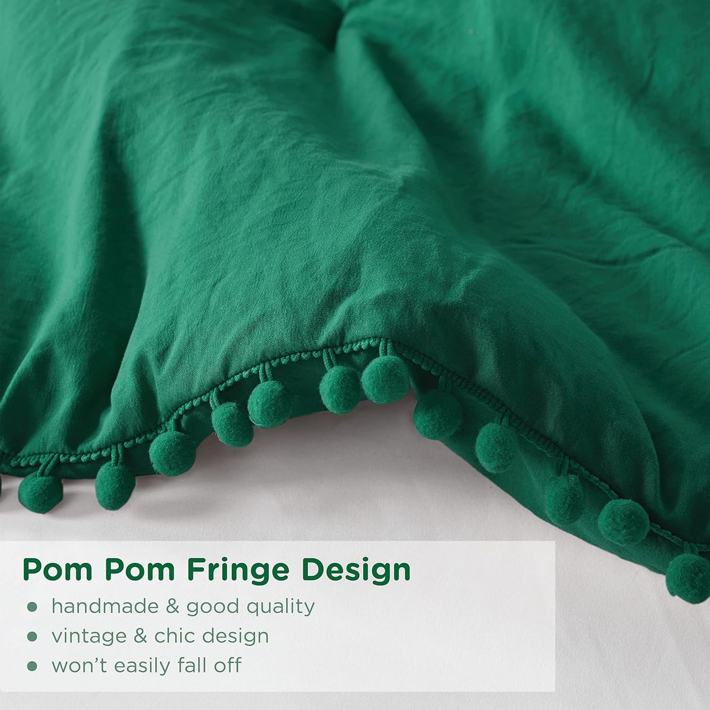 Codi Emerald Green Full/Queen Comforter Set - Boho Aesthetic Bedding with Luxurious Pom Fringe, Soft Washed Microfiber 3pc Set, Couple-Friendly Lightweight Design, 1 Comforter & 2 Pillow Shams