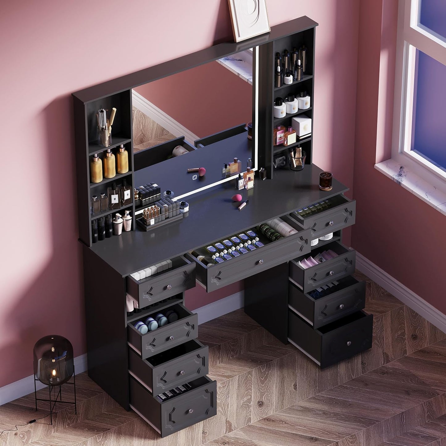 Makeup Vanity with 30" HD Lighted Mirror, 47" Large Vanity Desk with 9 Drawers & 10 Open Storage Shelves, Brightness Adjustable, Dressing Table for Bedroom, Women Girl (Black, B Panel)
