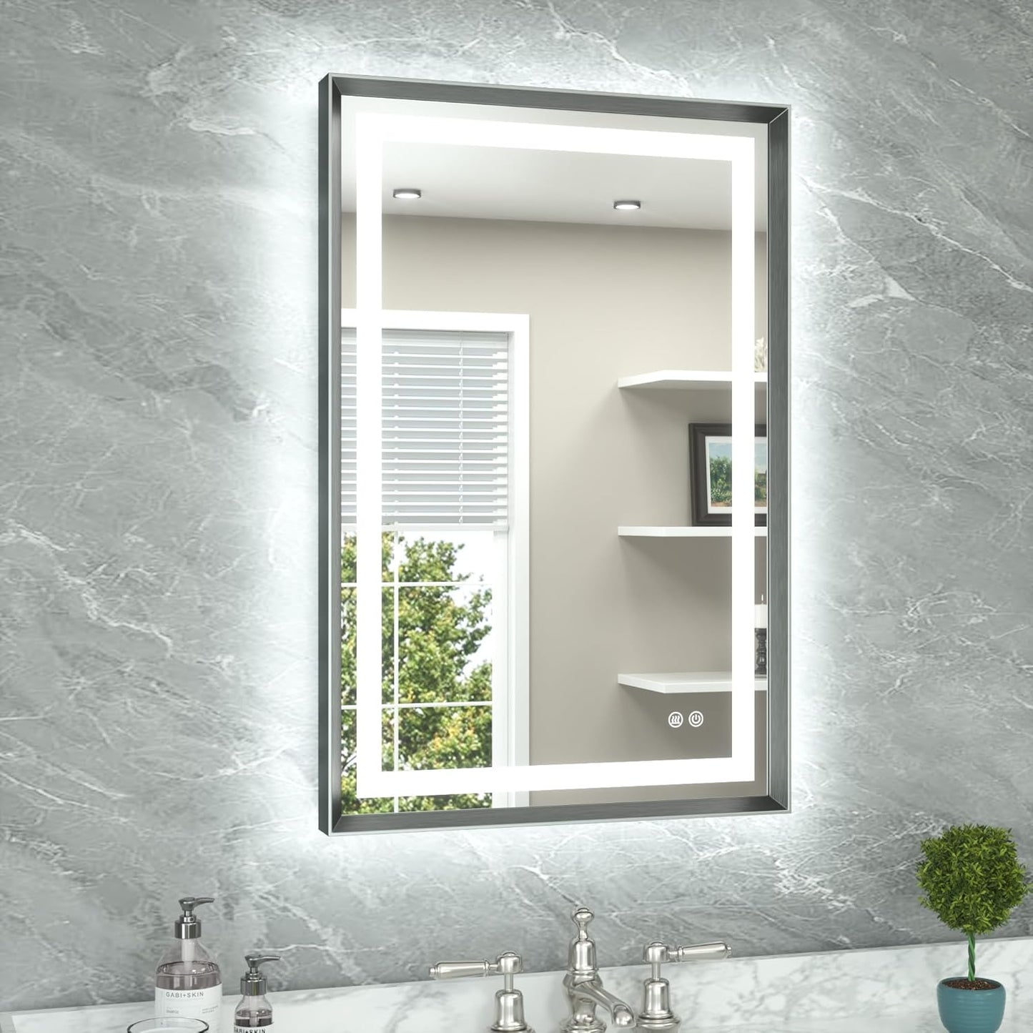 TETOTE 24 x 36 Bathroom LED Mirror Brushed Gunmetal Gray Frame Frontlit & Backlit Vanity Mirror Anti-Fog Stepless Dimmable 3 Colors White/Warm/Natural Wall-Mounted