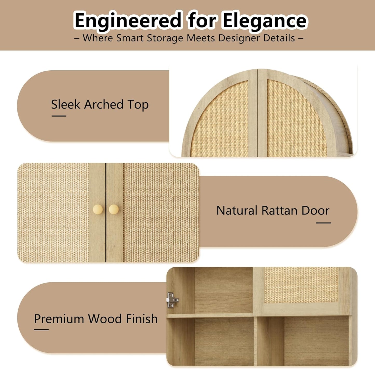 Over The Toilet Storage Cabinet, 29.7”W Modern Storage Cabinet Over Toilet with Rattan Doors, Arched Freestanding Over Toilet Rack with Adjustable Shelf for Bathroom, Nature