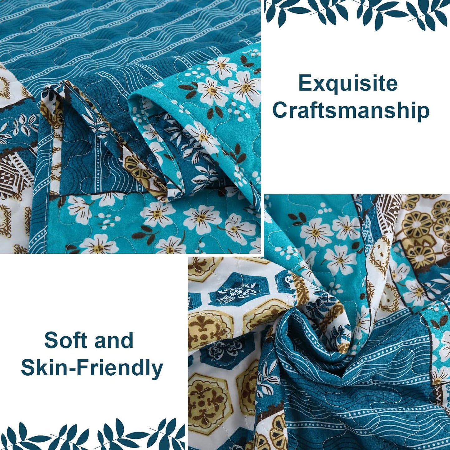 Mybedsoul Dusty Blue Quilt Set Queen Size, 3 Pieces Plaid Floral Bedspread Set Patchwork Reversible Bedding Set Microfiber Lightweight Bedspread Coverlet Set for All Season 96"x90"
