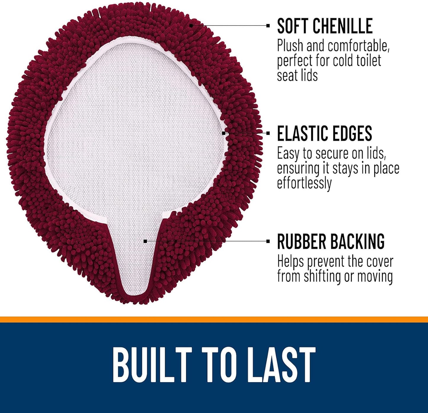 OLANLY Soft Chenille Bathroom Toilet Lid Cover, Machine Washable Seat Covers, 17.5x15, Stays in Place Rubber Backing, Fits Most Round, Elongated and Oblong Lids, Accessories Decor, Burgundy
