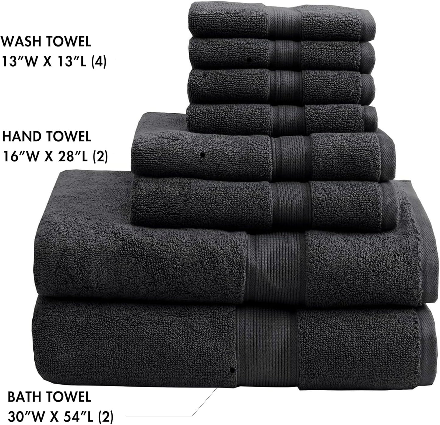 Madison Park 800GSM Bathroom Towel Set of 8 100% Cotton Bath Towel Set for Bathroom Luxurious Highly Absorbent 2 Bath Towels 2 Hand Towels 4 Washcloths Quick Dry Spa Quality Black