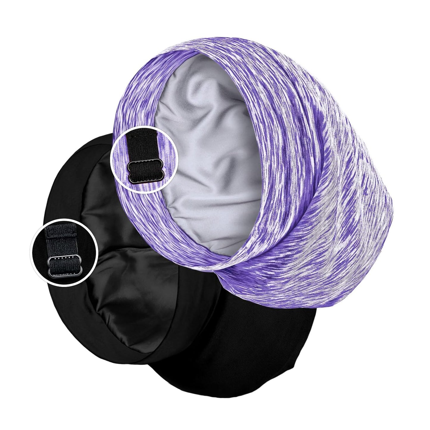 Satin Lined Sleep Cap Bonnet for Curly Hair and Braids, Stay On All Night Hair Wrap with Adjustable Strap for Women and Men, Black and Purple, Pack of 2