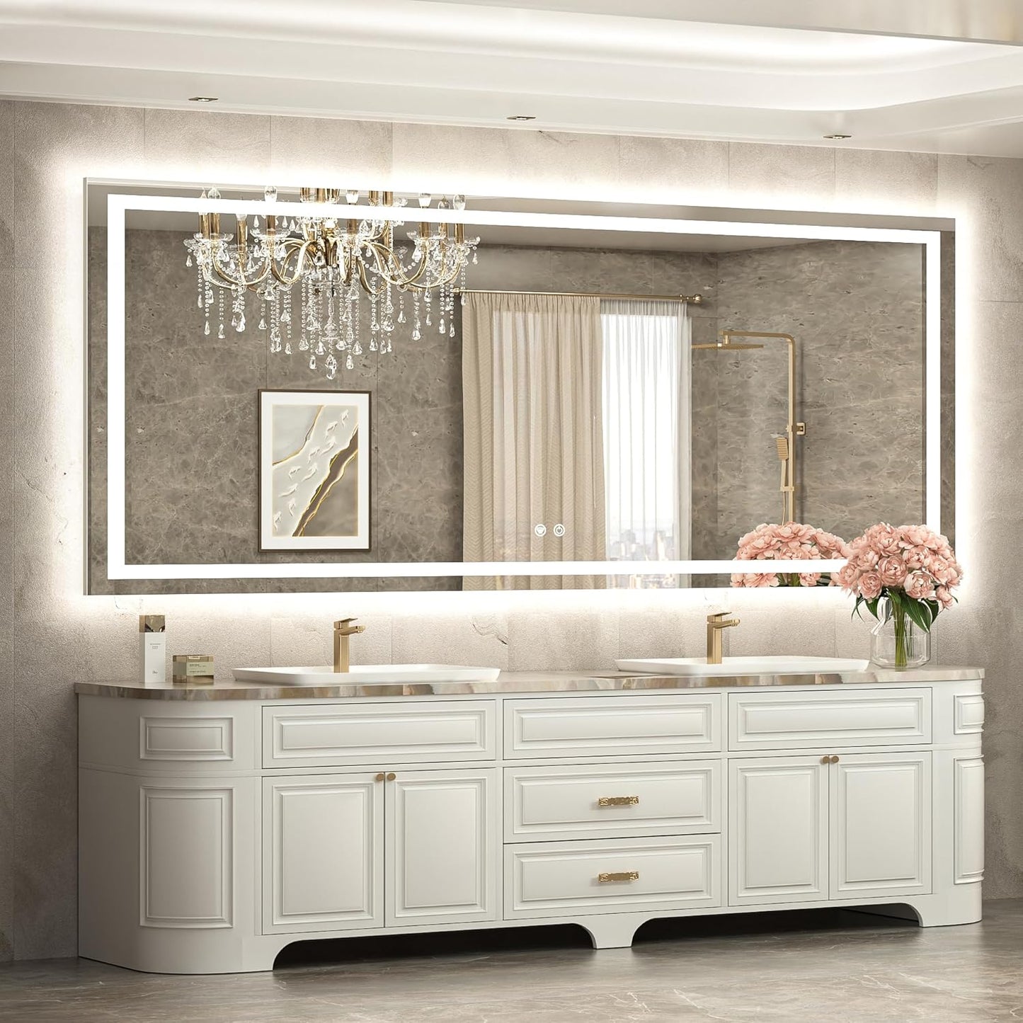 TETOTE 84 x 36 LED Bathroom Mirror with Lights, Brighter Front and Backlit Led Lighted Vanity Mirror Wall Mounted, 3-Color Dimmable Light up Anti Fog Mirror, Waterproof, Shatterproof Tempered Glass