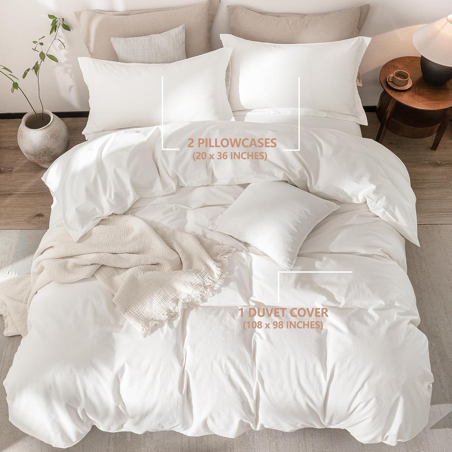 Linen Feel Duvet Cover Super King Size 108inch x 98inch,100% Washed Cotton Duvet Cover with Zipper Closure and 2 Pillowcases, Color of Off White