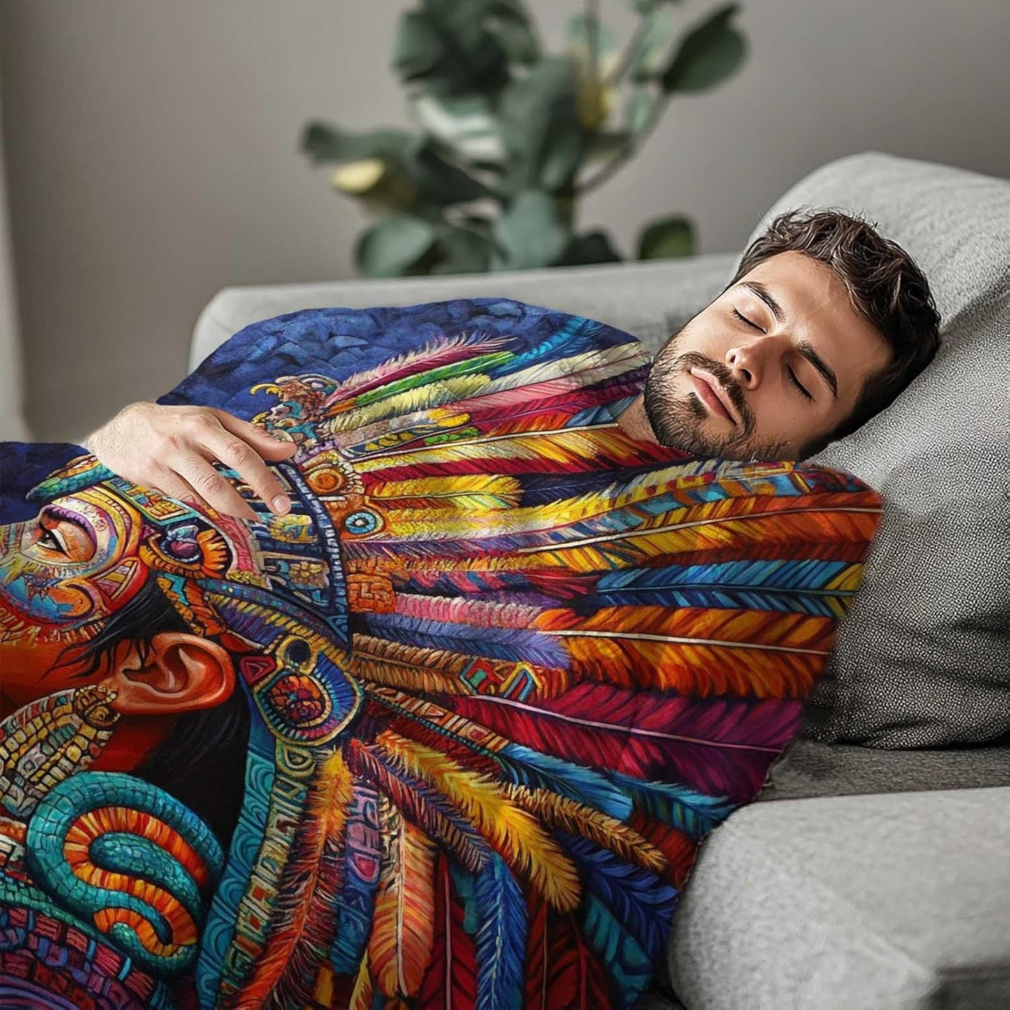 Tribal Throw Blanket with Aztec Warrior for Couch & Bed | Native Style Cozy Soft Fleece Blanket for Living Room, Bedroom & Boho Home Decor | Gift for Men & Women | 40x50 Inches