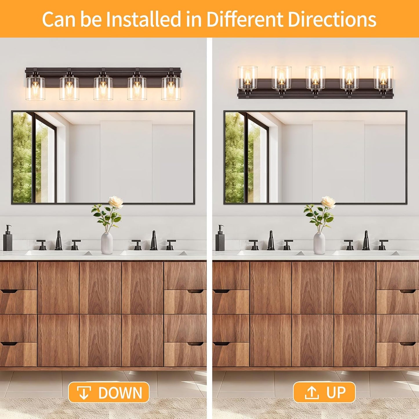 5 Light Modern Bathroom Light Fixtures Over Mirror, Bronze Finish Vanity Lights for Bathroom Wall Sconces with Clear Glass Shades, E26 Socket (Bulbs Not Included)