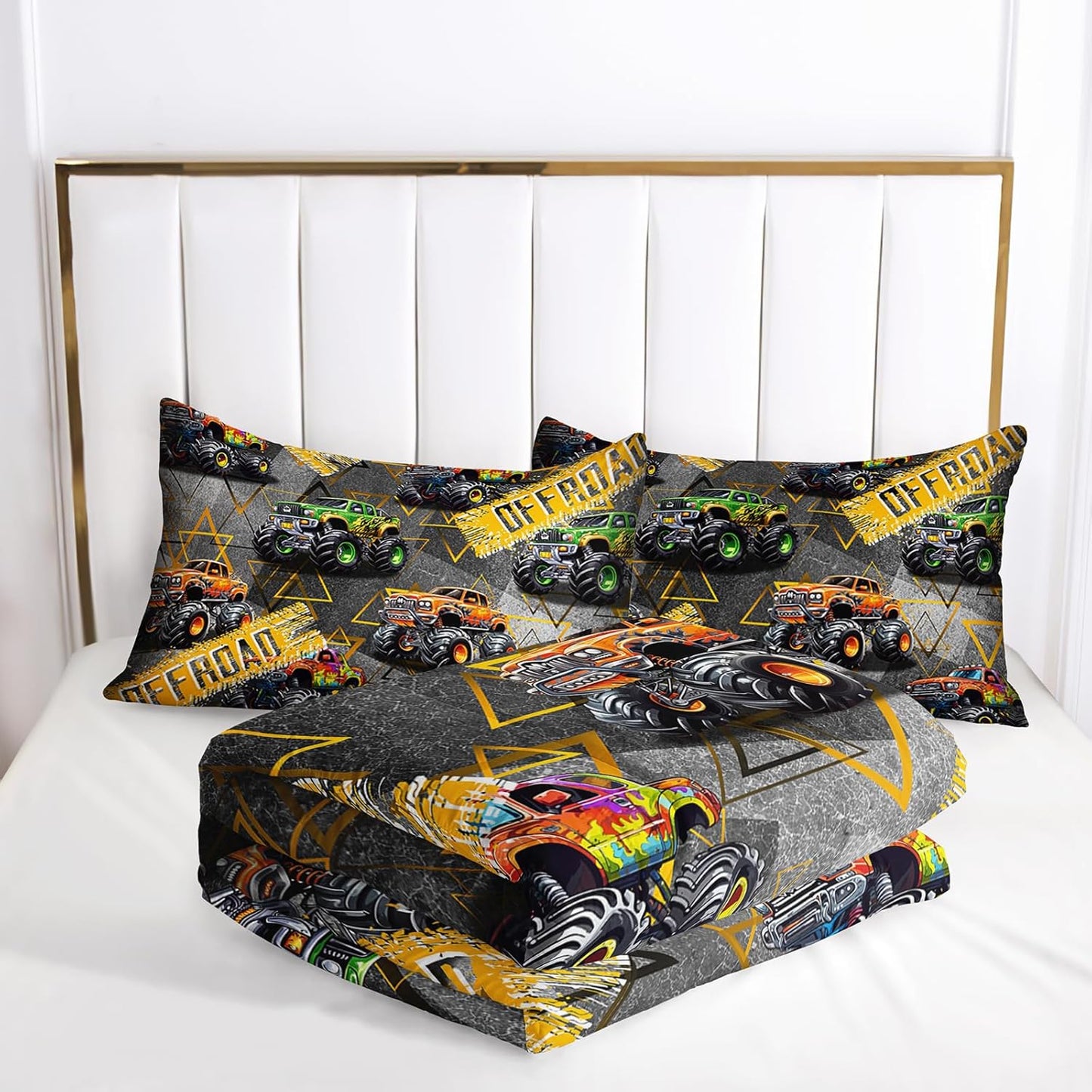 Queen Size Monster Truck Comforter Sets for Boys，Monster Truck Queen Size Bedding Sets Boys，with 1 Comforter with 2 Pillow Case，Kids Monster Truck Themed Bedroom Decor