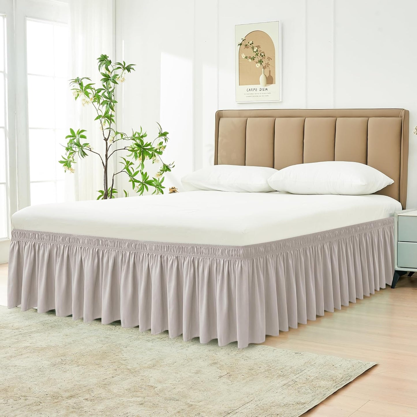 Biscaynebay Wrap Around Bed Skirts for King & Cal King Beds 15" Drop, Camel Grey Adjustable Elastic Dust Ruffles Easy Fit Wrinkle & Fade Resistant Silky Luxurious Fabric Machine Washable
