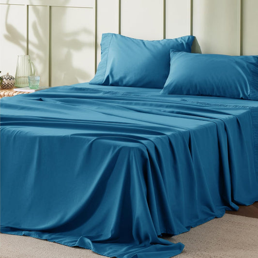 Bedsure California King Sheet Sets - 4 Pieces Soft Cal King Sheets - Breathable & Cooling - Hotel Luxury - Easy Care Polyester Microfiber Bedding for Women, Men, Teal Blue