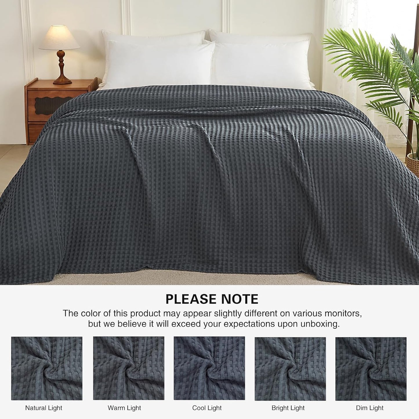 Aganear Waffle Blanket - Lightweight Breathable Summer Blanket of 50% Cotton and 50% Rayon Derived from Bamboo for Hot Sleepers Luxury Throws for Bed, Couch and Sofa,Dark Grey,66x90 Inches