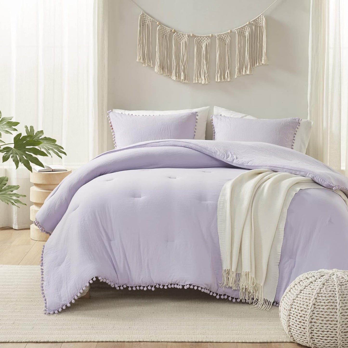 Codi Lavender Purple Boho Twin Comforter Set for Girls, Aesthetic Pom Fringe Design Cute Bedding, Soft Washed Microfiber Bed Sets, Lightweight Chic,1 Comforter & 1 Pillowcase