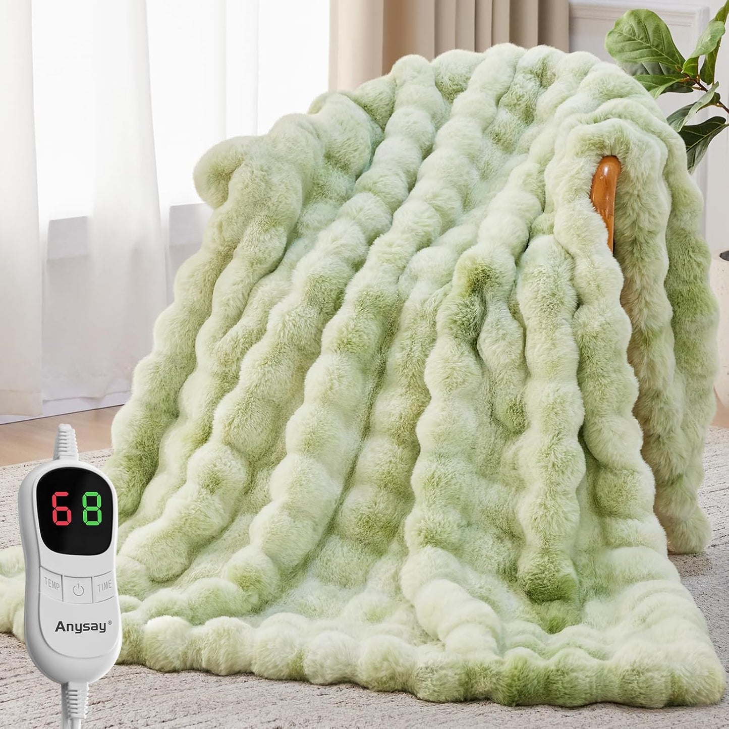 Heated Blanket Throw with 1/2/4/6/8 Hours Auto-Off 10 Heat Level, 50'' * 60'' Cozy Faux Rabbit Fur Bubble Electric Blanket with Overheat Protection(Tie-Dye Green)
