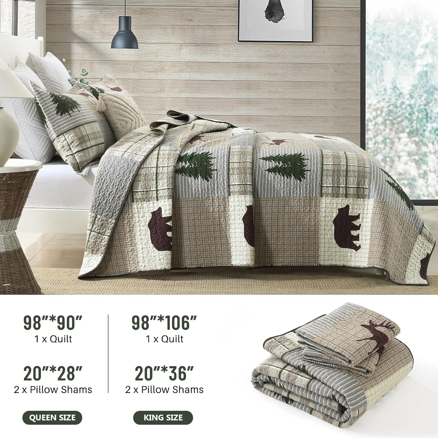 Quilt for Queen Bed - 100% Cotton Farmhouse Patchwork Plaid Cabin Queen Size Quilt Bedding Set, Brown Gray Green Animal Bear Deer Tree Lightweight Bedspread, 3-Piece for All Season (98"x90")