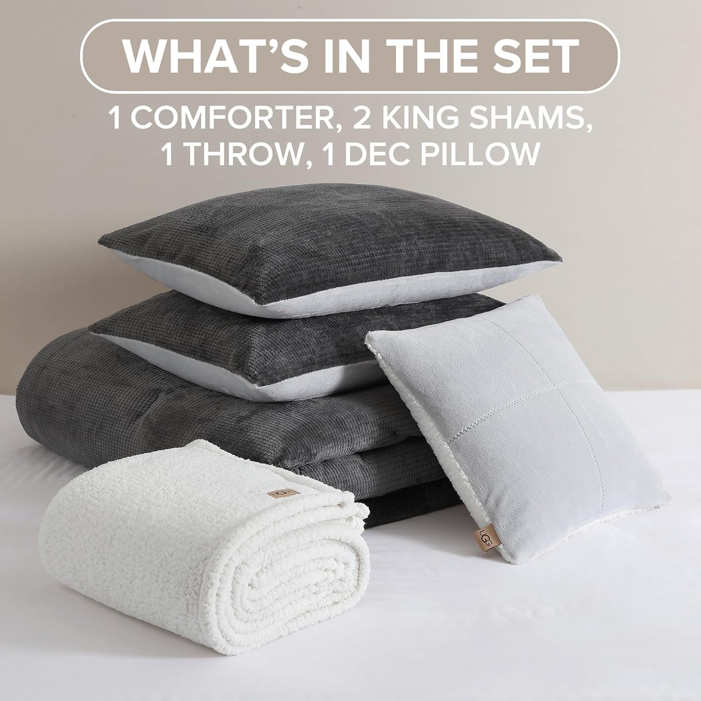 UGG Comforter Set 5 Piece Bed in a Bag with Throw Blanket, Decorative Pillow, Shams, and Reversible Comforter Hypoallergenic Washable Luxury Warm Fluffy Bedding Set, Charcoal Grey, King Size (Remina)