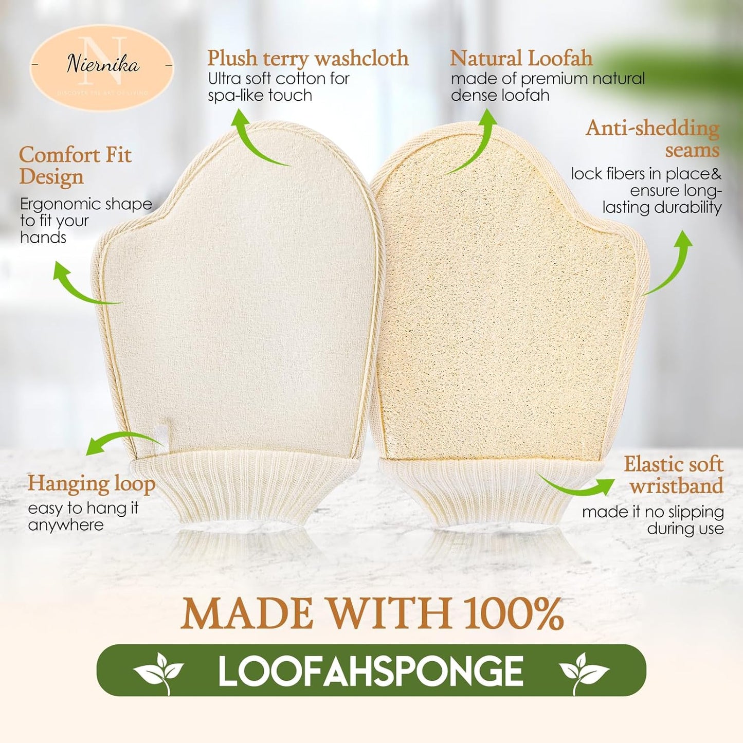 Natural Loofah Exfoliating Mitts, 100% Plant-Based Loofah Sponge for Women and Men,Dye-Free,for face and Body-2 Count