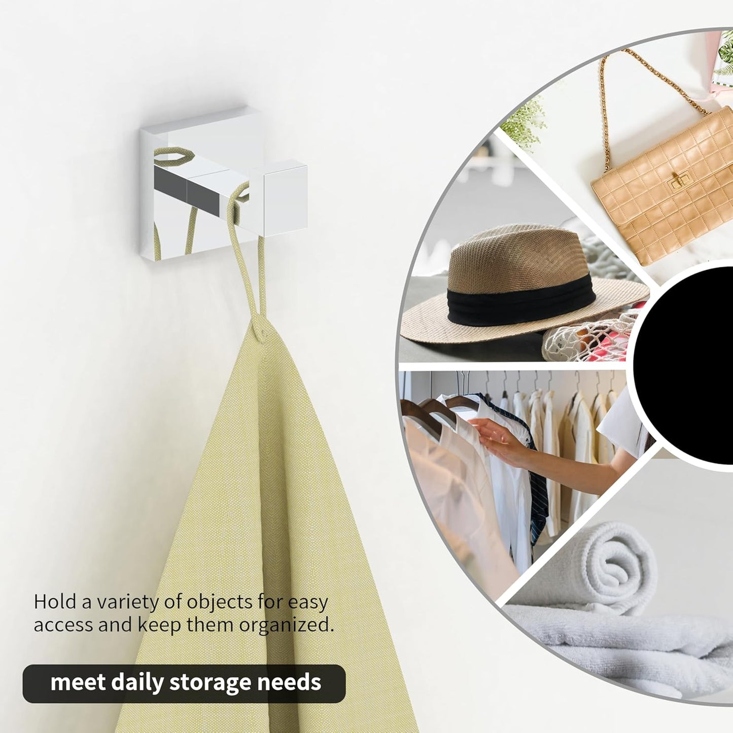 Ruacq Towel Hooks for Bathrooms, 2pcs Square Base Robe Coat Clothes Hook Wall Mount, SUS 304 Stainless Steel Wall Hooks for Hanging, Heavy Duty(Chrome)