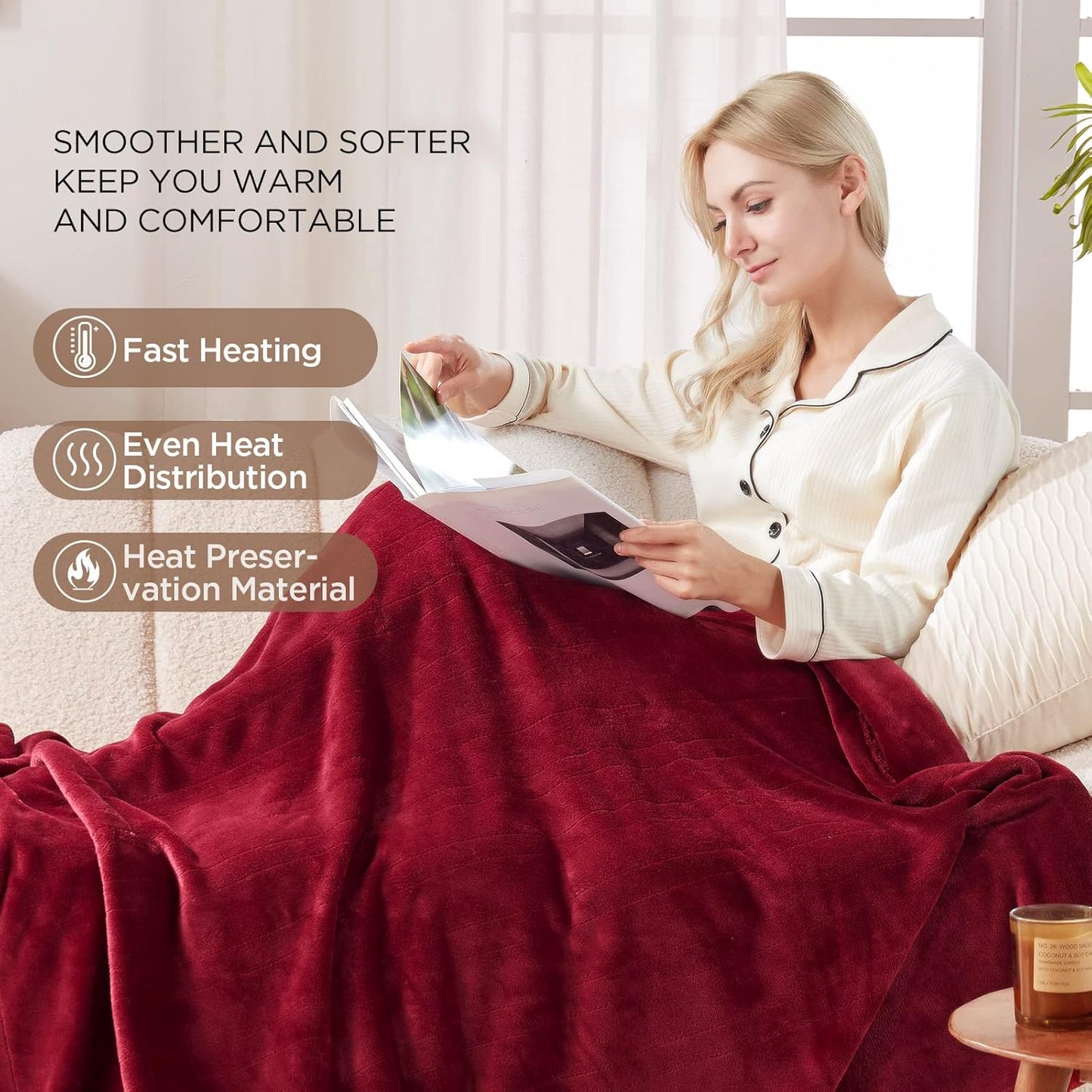 Westinghouse Heated Blanket Throw, Electric Throw with 6 Heating Levels, 2-10 Hours Time Settings, Overheat Protection, Machine Washable, Flannel (Throw, 50x60 Inches, Wine Red)