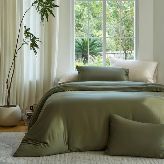 DOZ Duvet Cover Set, 100% Viscose derived from Bamboo, Organically Grown, Buttery Soft, Cooling Duvet Covers, High GSM, 1 Duvet Cover and 2 Pillowcases, 106"x90" (Olive, King/Cal King)