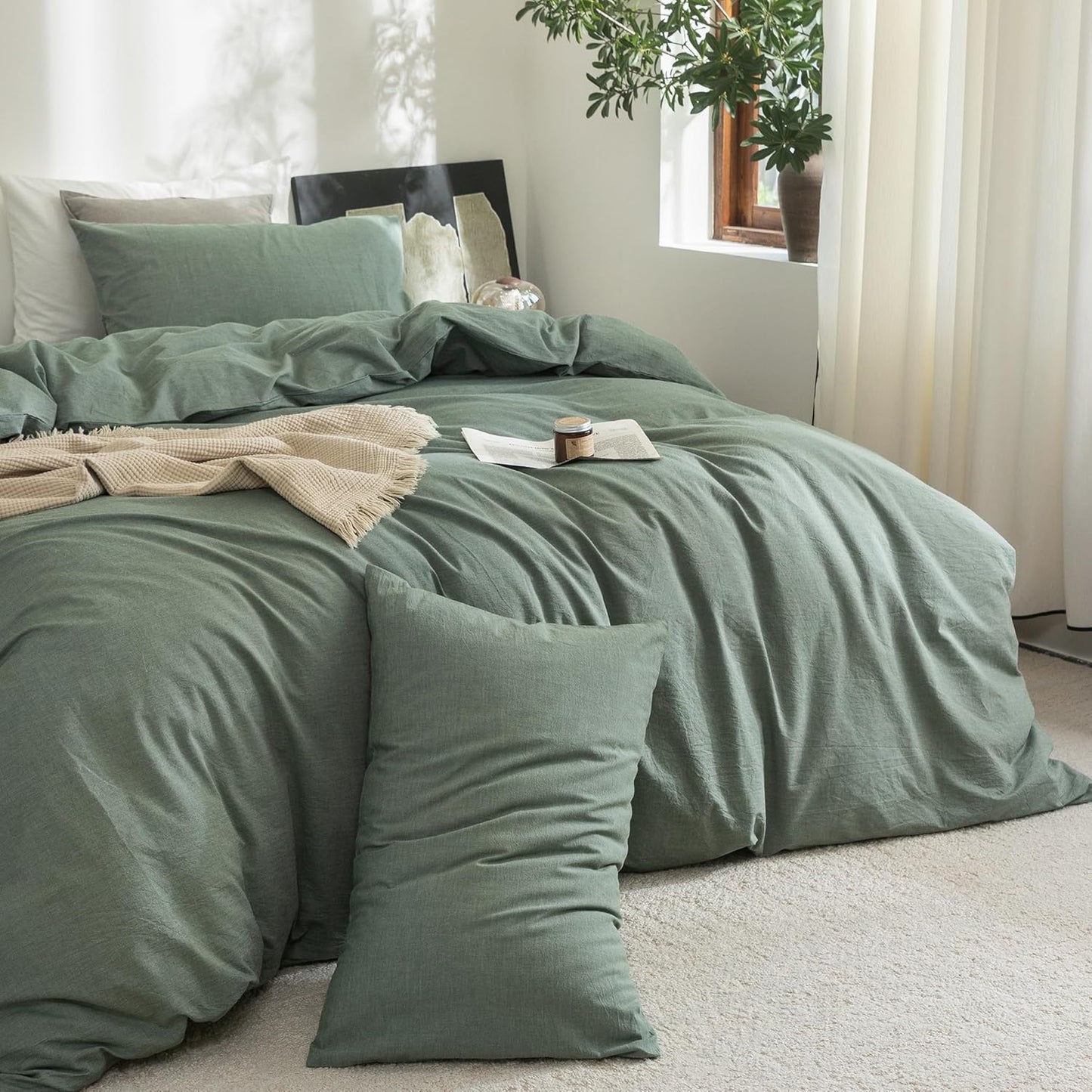 FOSSA Duvet Cover Set 100% Washed Cotton Linen Feel Super Soft Breathable Cozy Simple Style 3 Pieces Bedding Sets Solid Heathered Green Super King