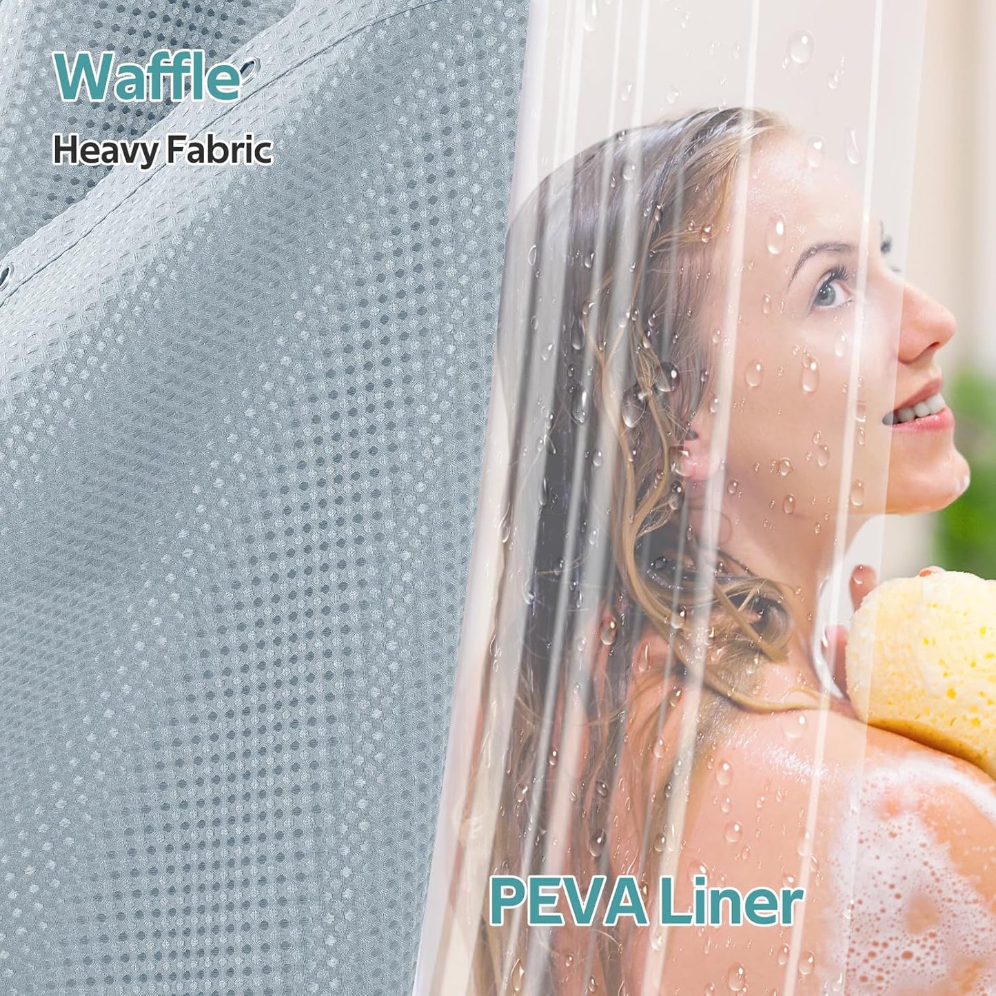 3 in 1 Shower Curtain Set, Waffle Shower Curtain and Liner Set with 12 Double Sided Shower Curtain Hooks, 258GSM Luxury Weighted Cloth Shower Curtains for Bathroom, 72 W x 72 H, Fog Blue