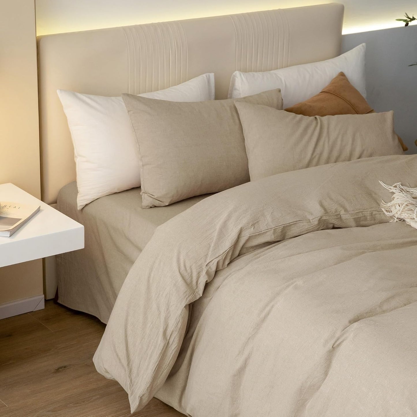 JIYUAN 100% Washed Cotton Duvet Cover Set 3 Pieces King, 1 Duvet Cover 104x90 Inches(Comforter Not Included) and 2 Pillowcases,Linen Feel Bedding Set Comfy and Breathable, Heathered Tan