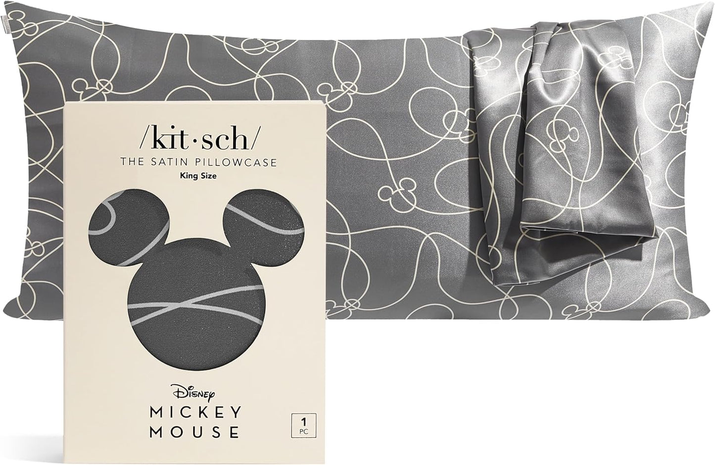 Kitsch & Disney Mickey Mouse Satin Pillowcase with Zipper Softer Than Silk, Cooling Pillow Case for Hair & Skin, Wrinkle Free, Machine Washable, King Size (19x36)