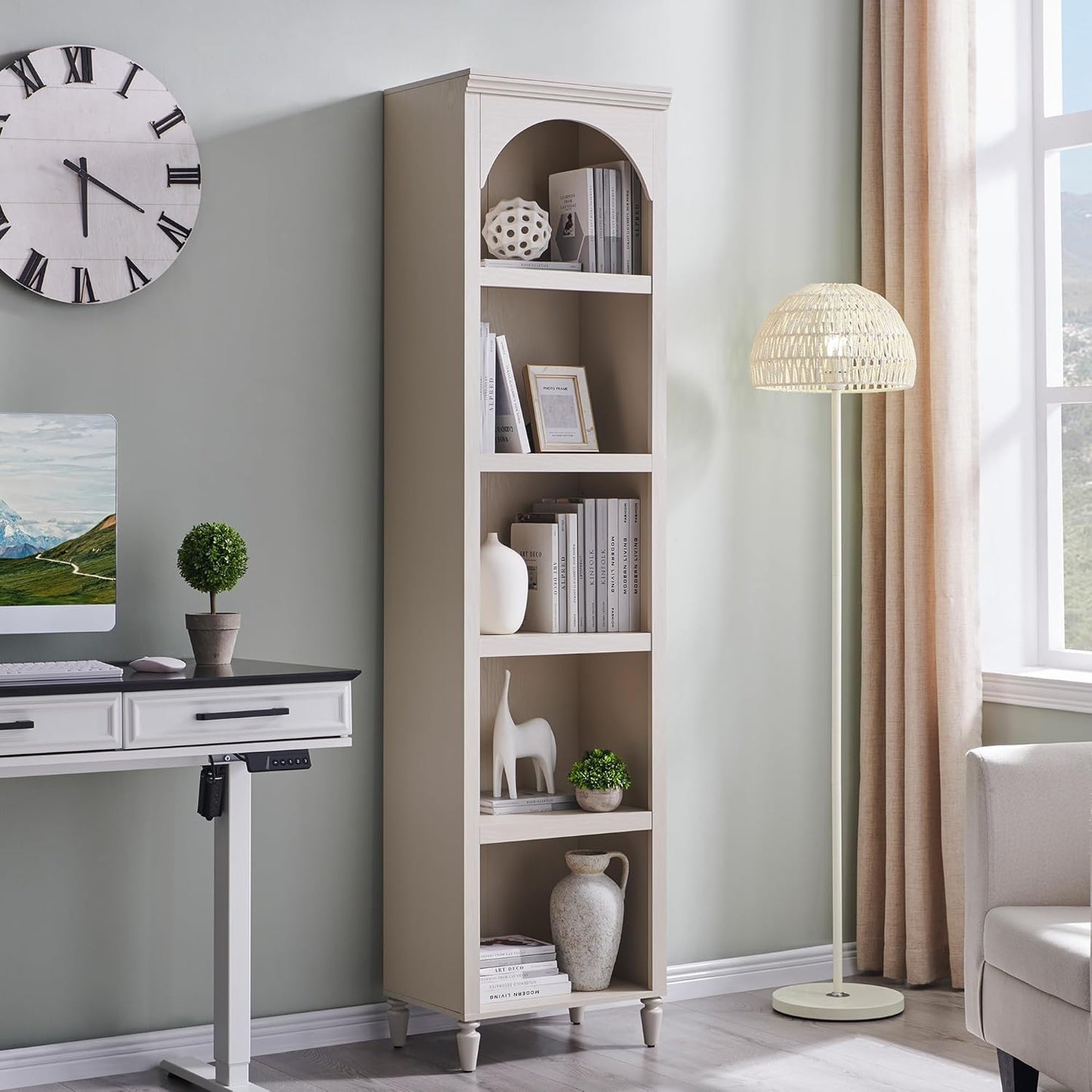 76" Tall Arched Bathroom Storage Cabinet, 5 Tiers Narrow Farmhouse Arched Cabinet w/Adjustable Shelves, Modern Wooden Storage Cabinet for Bathroom, Living Room, Entryway, Study Room (Cream)