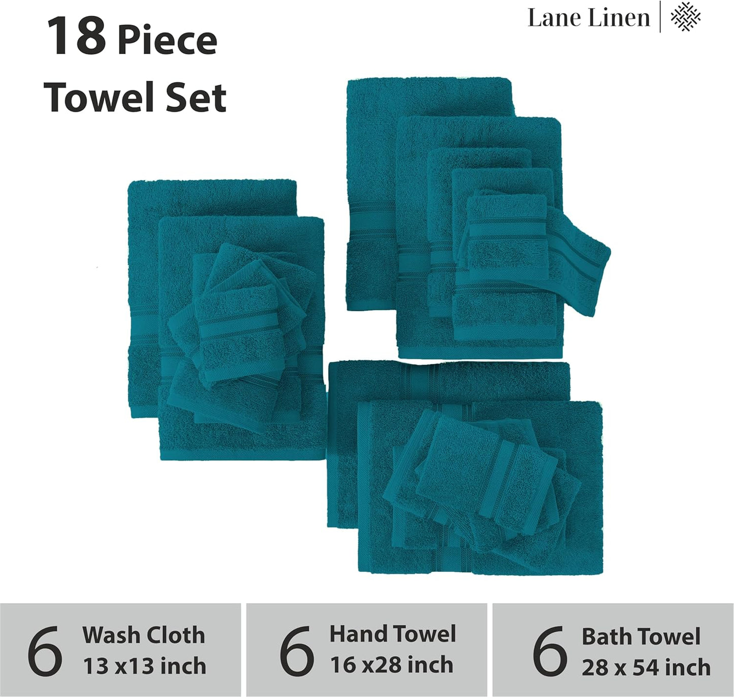 LANE LINEN 18Pc 100% Cotton Bath Towels – 6 Bath, 6 Hand Towel & 6 Washcloths, Zero Twist, Absorbent Softness for Daily Use, Perfect for Airbnb, Spa & Hotel, Machine Washable – Sea Port