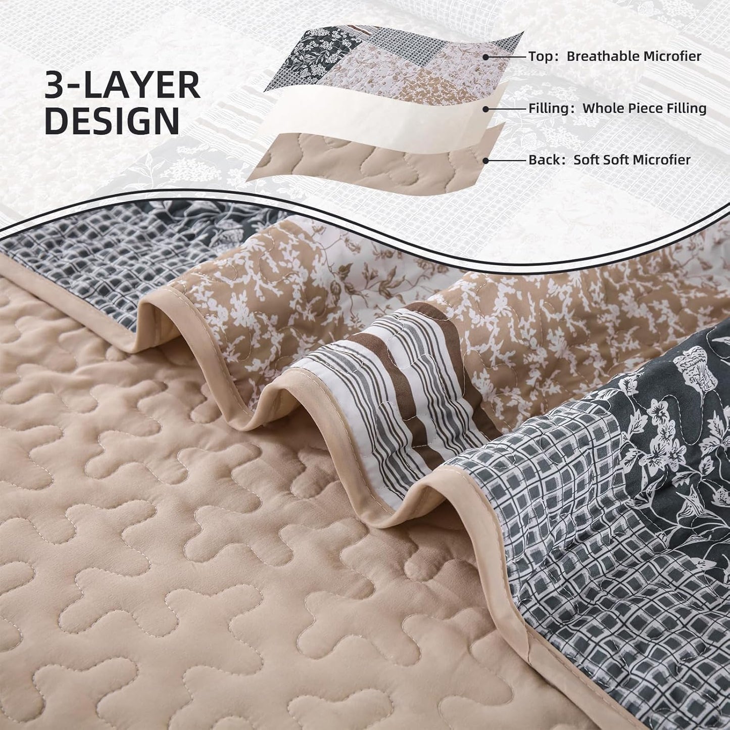 Mybedsoul Patchwork Quilt Set King Size, 3 Pieces Blue Brown Floral Plaid Bedspread Coverlet Set, Reversible Soft Microfiber Bedding Set for All Season, Fall Winter King 90"x104"