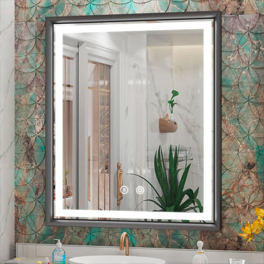 30x36 Inch LED Mirror for Bathroom, 3 Color Temperatures (3000K/4500K/6000K), Anti-Fog, Dimmable Lights, Memory Function, Matte Black Aluminum Frame