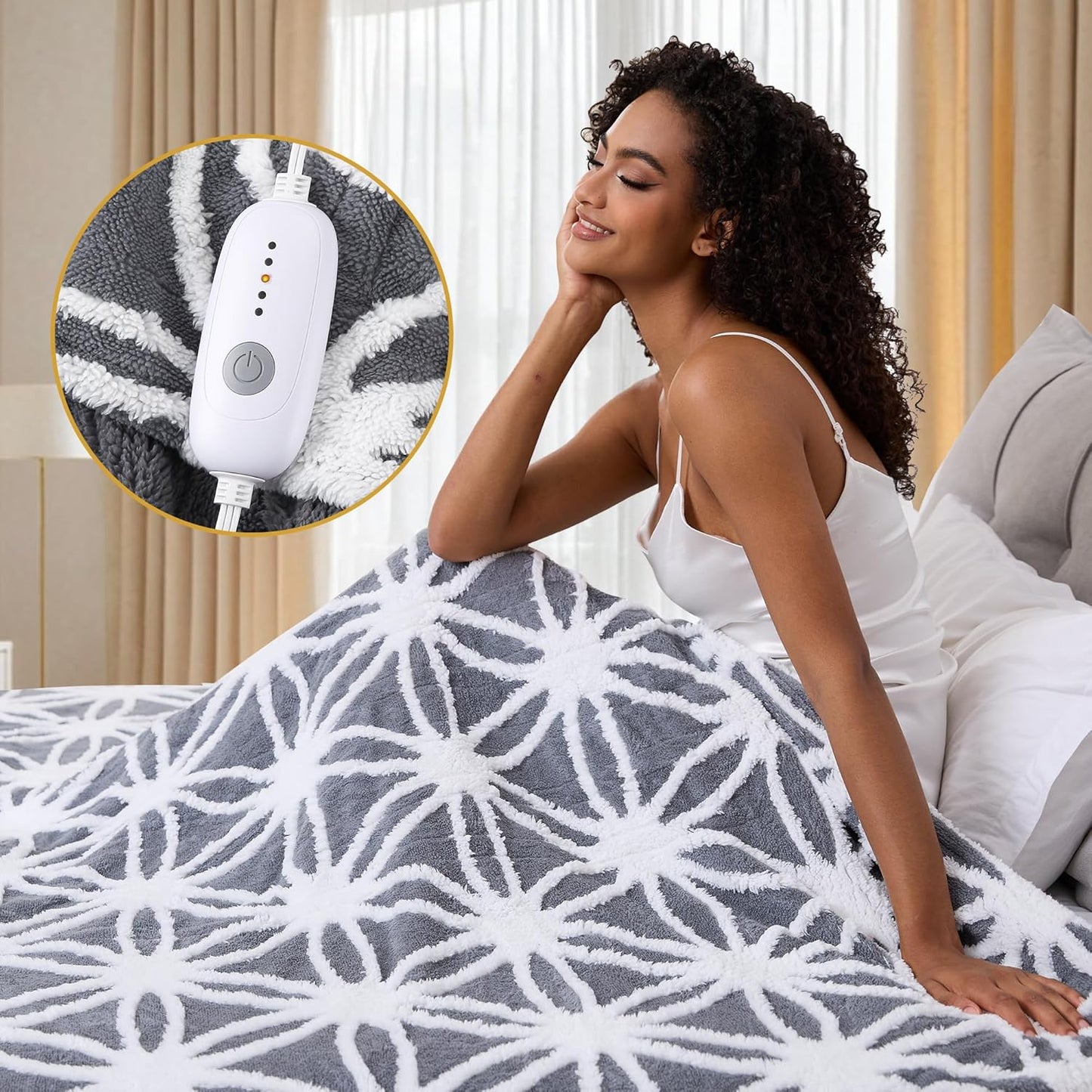 Electric Heated Blanket Full Size 50"x60" Ultra Soft Sherpa Fleece with Elegant Prints, 5 Heat Levels & 3H Auto-Off, Fast Heating for Cozy Winter Comfort, Grey & White