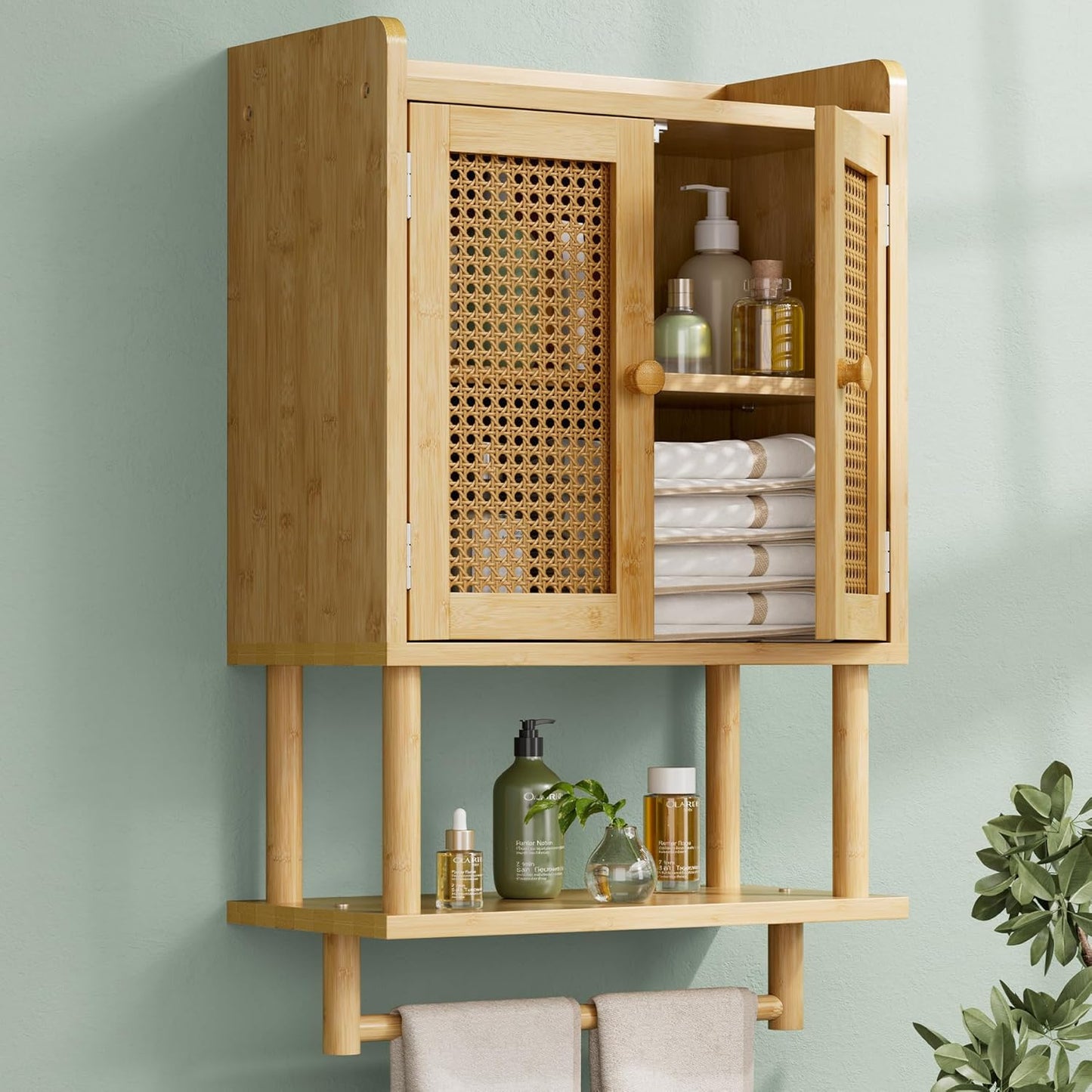 AmazerBath Bathroom Wall Cabinets, Bamboo Medicine Cabinet with Rattan Door, Over The Toilet Storage Cabinet with Towel Bar, Wall Mounted Cabinet with Adjustable Shelves for Small Spaces