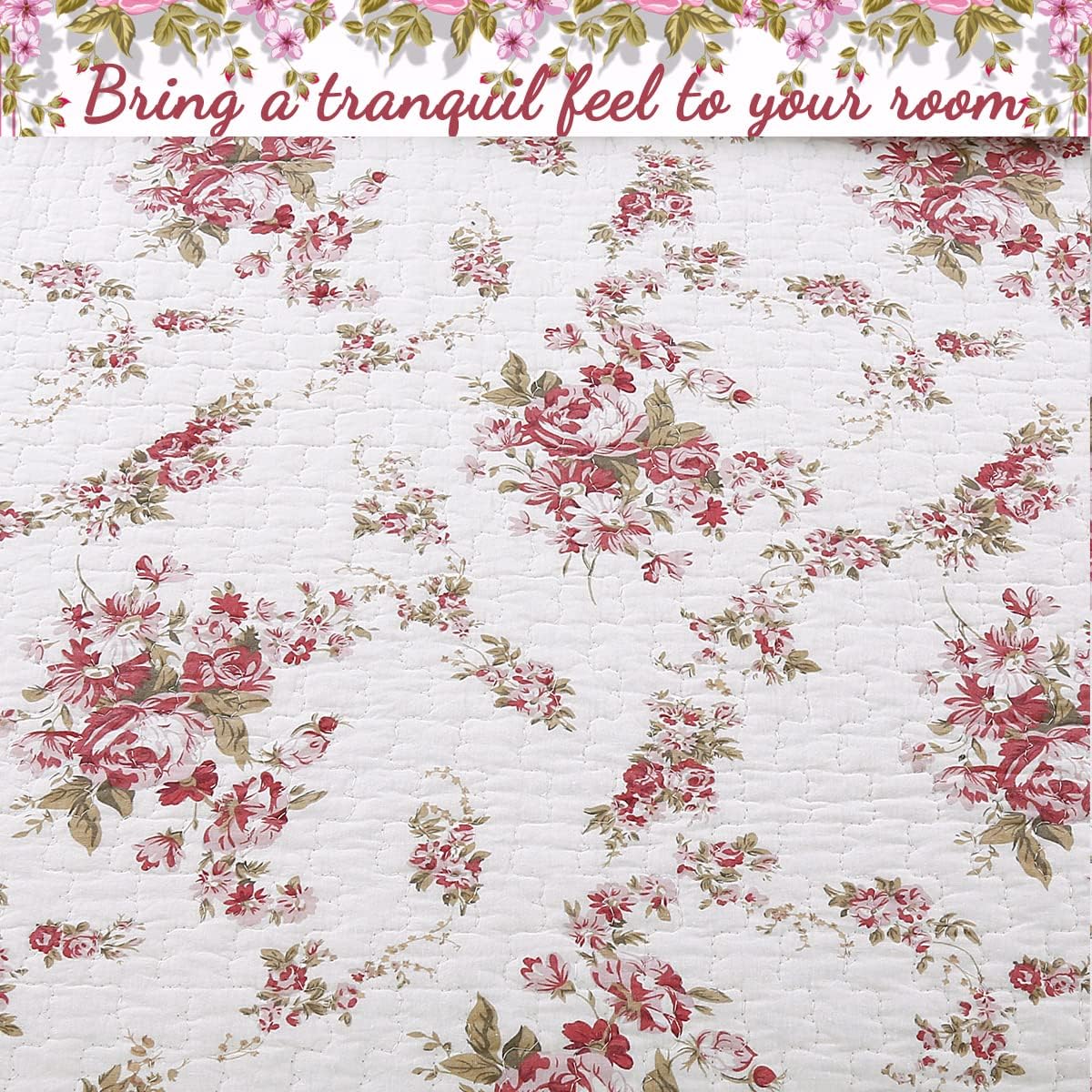 Cozy Line Home Fashions 100% Cotton Quilt Bedding Set, Pink Floral Reversible Coverlet Bedspread (Vintage Rose, Queen - 3 Piece)